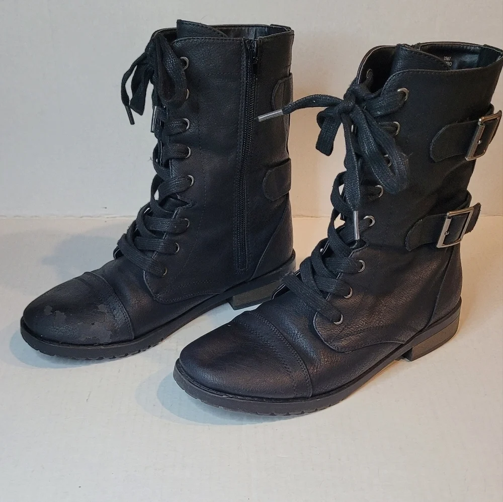 DEPT222 Black Lace-Up Mid-Calf Combat Boots Side-Zip Women's Size 8.5